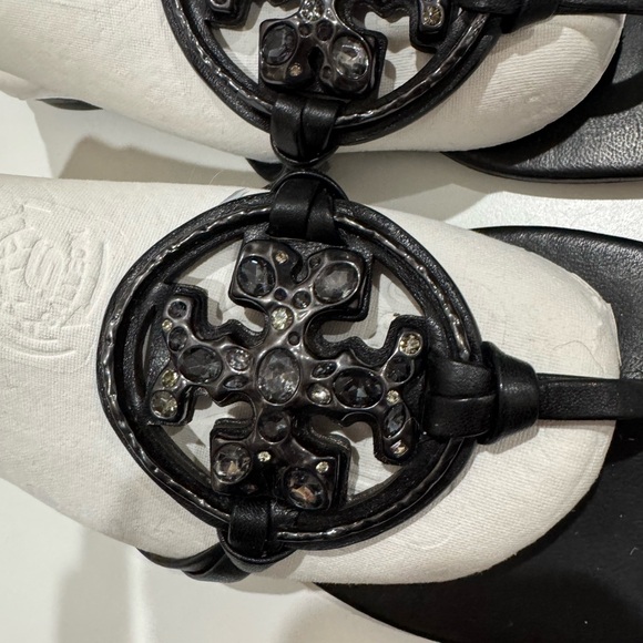Tory Burch Miller Jeweled Crystal Leather Thong Sandals Black - Picture 2 of 10